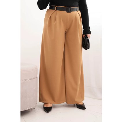 Dámské kalhoty Plus Size s širokou nohavicí a páskem camel (Velikost universal, Barva Camelová)