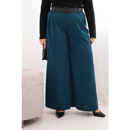 Dámské kalhoty Plus Size s širokou nohavicí a páskem petrolej (Velikost universal, Barva Námořní)