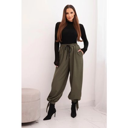 Dámské široké kalhoty se zavazováním dole khaki (Velikost universal, Barva Khaki)