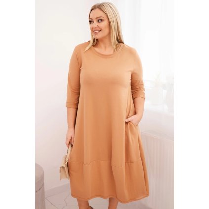 Dámské bavlněné Plussize šaty s kapsami camel (Velikost universal, Barva Camelová)