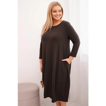 Dámské bavlněné Plussize šaty s kapsami hnědé (Velikost universal, Barva Hnědá)