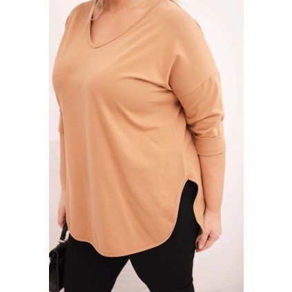 Dámská bavlněná blůza Plussize s výstřihem do V a ohrnovacími rukávy/BARVY (Velikost universal, Barva Fango)