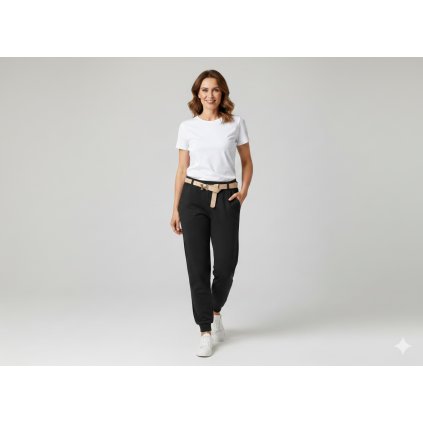 Elegantní černé tepláky z jemného máslového materiálu se stylovým páskem a pohodlným elastickým pasem pro moderní městský outfit.