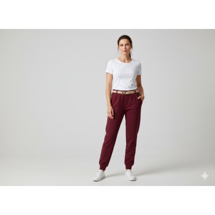 Elegantní vínové tepláky z jemného máslového materiálu se stylovým páskem a pohodlným elastickým pasem pro moderní městský outfit.