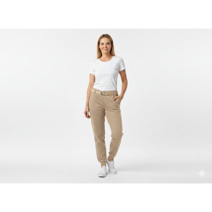 Elegantní béžové tepláky z jemného máslového materiálu se stylovým páskem a pohodlným elastickým pasem pro moderní městský outfit.