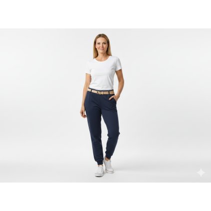 Elegantní modré tepláky z jemného máslového materiálu se stylovým páskem a pohodlným elastickým pasem pro moderní městský outfit.