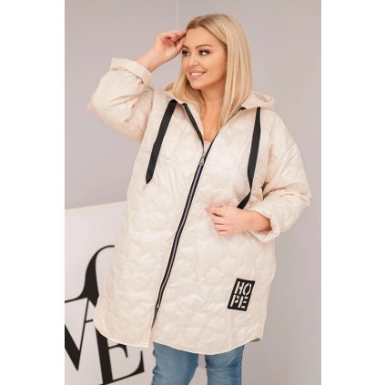 Dámská bunda Plus Size prošívaná s kapucí a nápisem HOPE světlá béžová (Velikost universal, Barva Světle béžová)