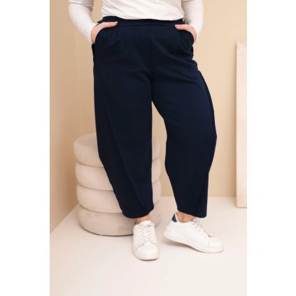 Dámské bavlněné kalhoty Plus Size volného střihu s vysokým pasem modré (Velikost universal, Barva Námořnická modř)