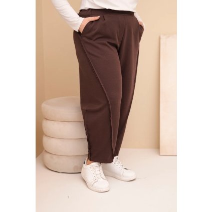 Dámské kalhoty z bavlny Plus Size volného střihu s vysokým pasem hnědé (Velikost universal, Barva Hnědá)