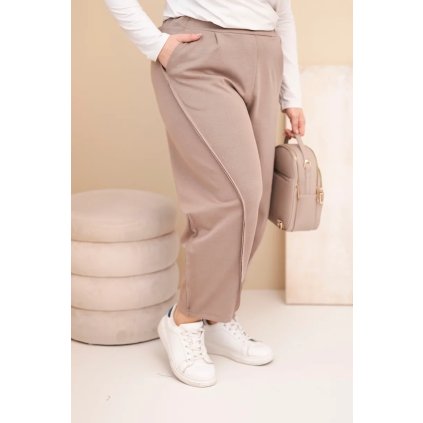 Dámské bavlněné kalhoty Plus Size volného střihu s vysokým pasem fango (Velikost universal, Barva Fango)