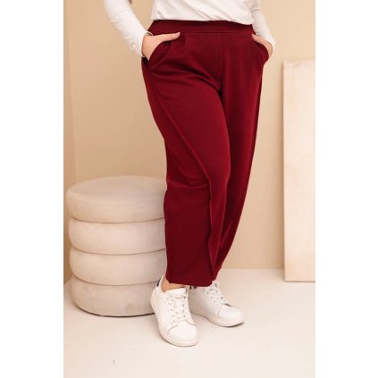 Dámské bavlněné kalhoty Plus Size volného střihu s vysokým pasem bordové (Velikost universal, Barva Bordó)