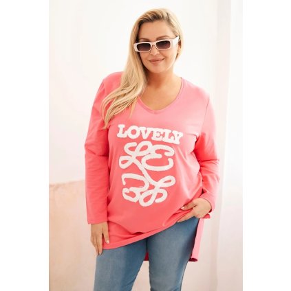 Dámská blůza Plus Size bavlněná s nápisem a výstřihem do V růžová (Velikost XXL, Barva Růžová)
