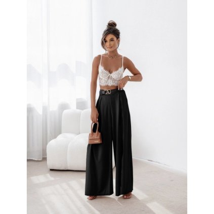 dámské kalhoty, široké nohavice, elastický pas, koženkový pásek, barevné varianty, elegantní styl, černé