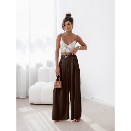 dámské kalhoty, široké nohavice, elastický pas, koženkový pásek, barevné varianty, elegantní styl, hnědé