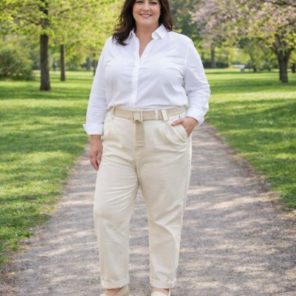 pružné plus size kalhoty béžové s páskem