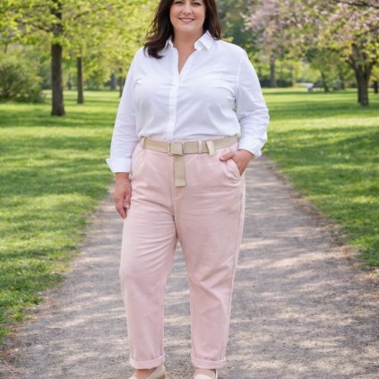 pružné plus size kalhoty růžové s páskem