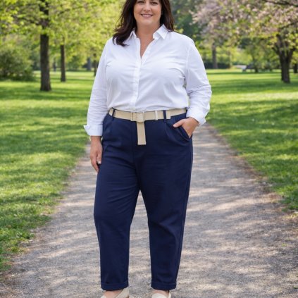 pružné plus size kalhoty tmavě modré s páskem