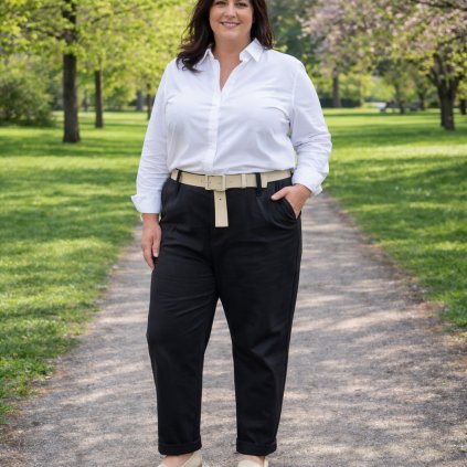 pružné plus size kalhoty černé s páskem