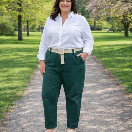 pružné plus size kalhoty zelené s páskem