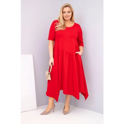 Dámské bavlněné Plus Size šaty s asymetrickým spodním leme červené (Velikost universal, Barva Červená)