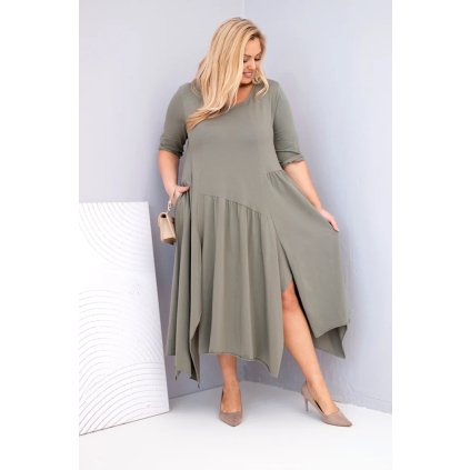 Dámské bavlněné Plus Size šaty s asymetrickým lemem khaki (Velikost universal, Barva Khaki)