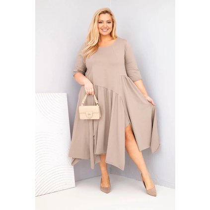 Dámské bavlněné Plus Size šaty s asymetrickým spodním lemem fango (Velikost universal, Barva Fango)