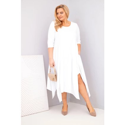 Dámské bavlněné Plus Size šaty s asymetrickým spodním lemem bílé (Velikost universal, Barva Bílá)