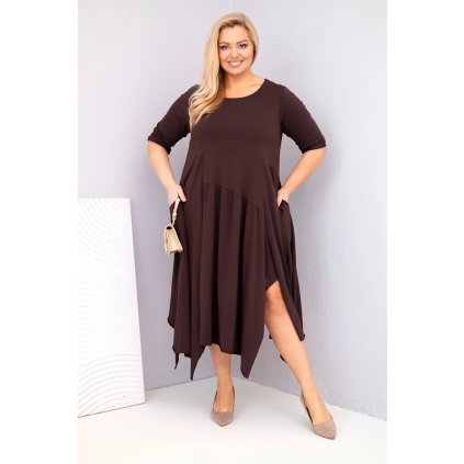 Dámské bavlněné Plus Size šaty s asymetrickým lemem hnědé (Velikost universal, Barva Hnědá)
