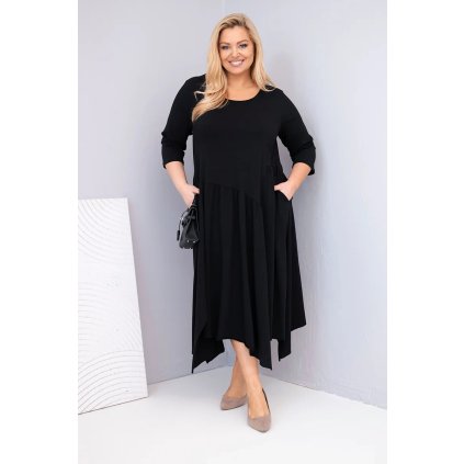 Dámské bavlněné Plus Size šaty s asymetrickým spodním lemem černé (Velikost universal, Barva Černá)