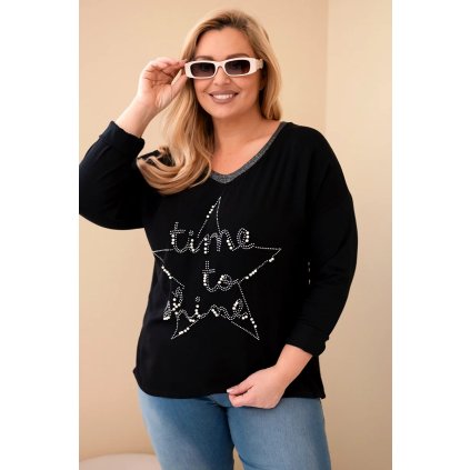 Dámská blůza Plus Size s nápisem a perlami černá (Velikost universal, Barva Černá)