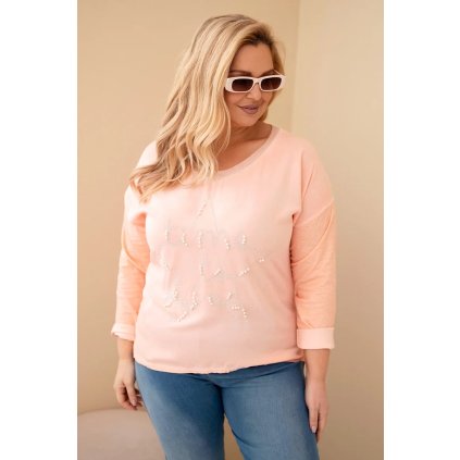 Dámská blůza Plus Size s potiskem a perlami meruňková (Velikost universal, Barva Meruňka)