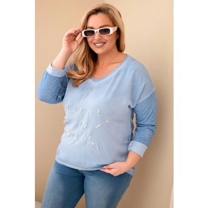 Dámská blůza Plus Size s nápisem a perličkami v modré barvě jeansová (Velikost universal, Barva Džíny)