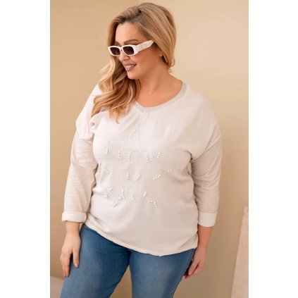 Dámská blůza Plus Size s potiskem a perlami béžová (Velikost universal, Barva Béžová)