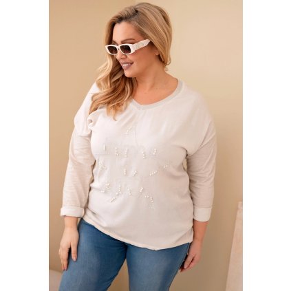 Dámská blůza Plus Size s potiskem a perlami béžová (Velikost universal, Barva Béžová)