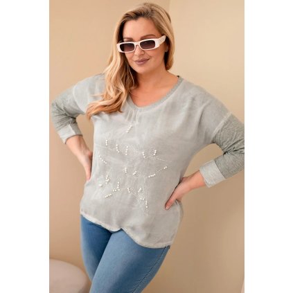 Dámská blůza Plus Size s nápisem a perlami khaki (Velikost universal, Barva Khaki)