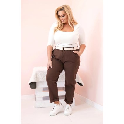 Dámské bavlněné kalhoty Plus Size s páskem hnědé (Velikost XL, Barva Hnědá)