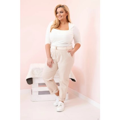 Dámské bavlněné kalhoty Plus Size s páskem světle béžové (Velikost XL, Barva Světle béžová)
