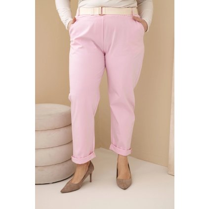 Dámské bavlněné kalhoty Plus Size s páskem světle růžové (Velikost XL, Barva Světle růžová)
