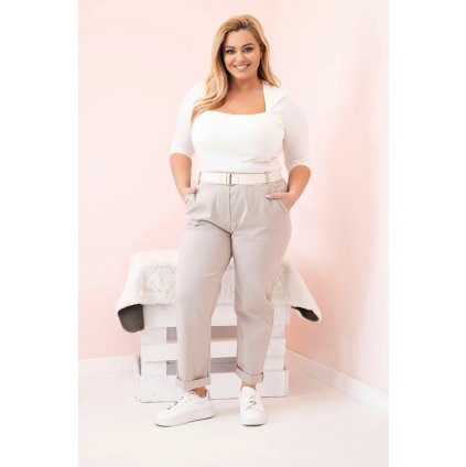 Dámské bavlněné kalhoty Plus Size s páskem tmavě béžové (Velikost XL, Barva Tmavě béžová)
