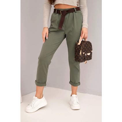 Dámské bavlněné kalhoty s páskem khaki (Velikost universal, Barva Khaki)