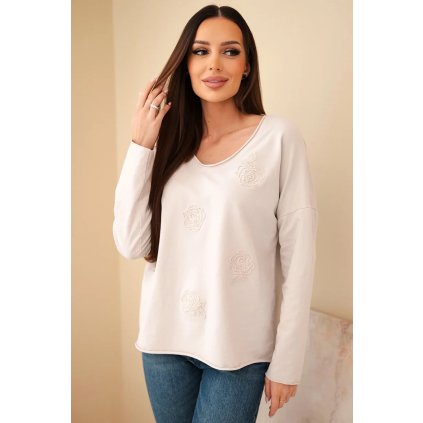 Dámská bavlněná blůza s vyšívanými květy a V výstřihem bežová (Velikost universal, Barva Béžová)