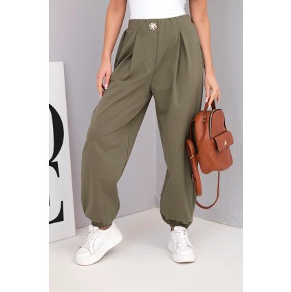 Dámské bavlněné kalhoty s vysokým pasem a ozdobným knoflíkem khaki (Velikost universal, Barva Khaki)