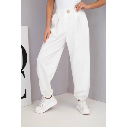 Dámské bavlněné kalhoty s vysokým pasem a ozdobným knoflíkem ecru (Velikost universal, Barva Ecru)