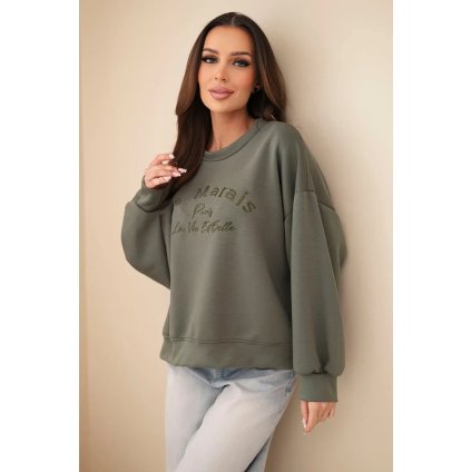 Dámská mikina máslová s výšivkou volného střihu khaki (Velikost universal, Barva Khaki)