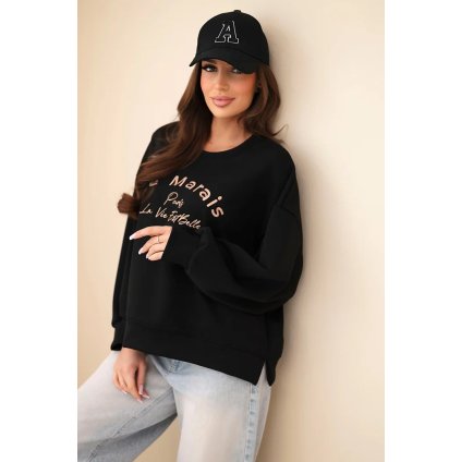 Dámská mikina máslová s výšivkou volného střihu černá (Velikost universal, Barva Černá)