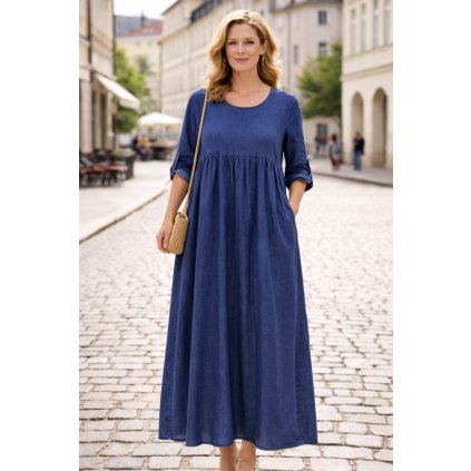 dlouhé šaty ze slabé džínoviny denim modré