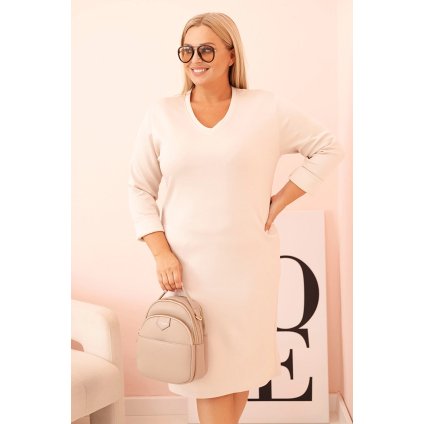 Dámské Plus Size máslové šaty s výstřihem do V béžové (Velikost universal, Barva Béžová)