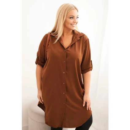 Dámské košilové šaty Plus Size s delší zadní částí tmavě camelové (Velikost universal, Barva Tmavá camelová)