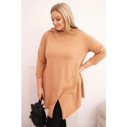 Dámská asymetrická bavlněná blůza Plus Size jasně camelová (Velikost universal, Barva Světlá camelová)
