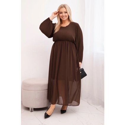 Dámské plisované Plus Size šaty z viskózy a s dlouhým rukávem hnědé (Velikost universal, Barva Hnědá)